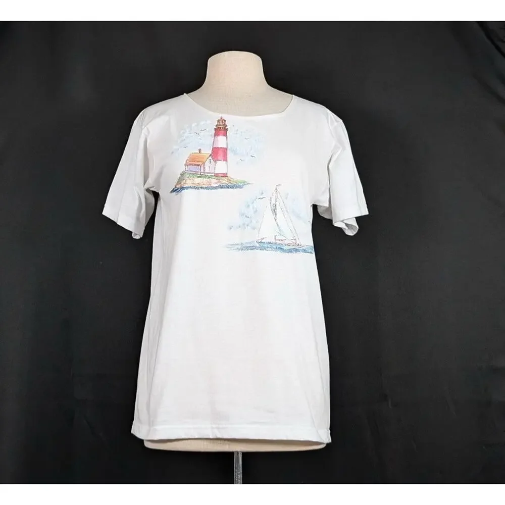 Vintage 90s Top White Lighthouse Beach Sailboats Short Sleeve Misses Size M - Picture 1 of 8
